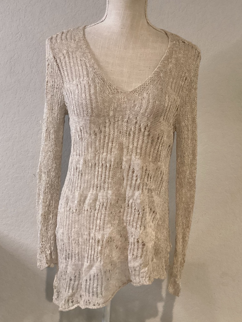 Light Cream Open-Knit V-Neck Asymmetrical  Women's Sweater